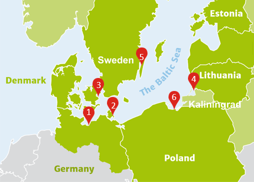 A map of a Baltic region with six red markers.