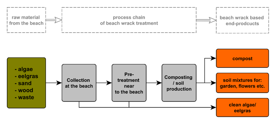 Exemplary recycling chain of beach wrack for the production of compost-based soil products Exemplary recycling chain of beach wrack for the production of compost-based soil products
